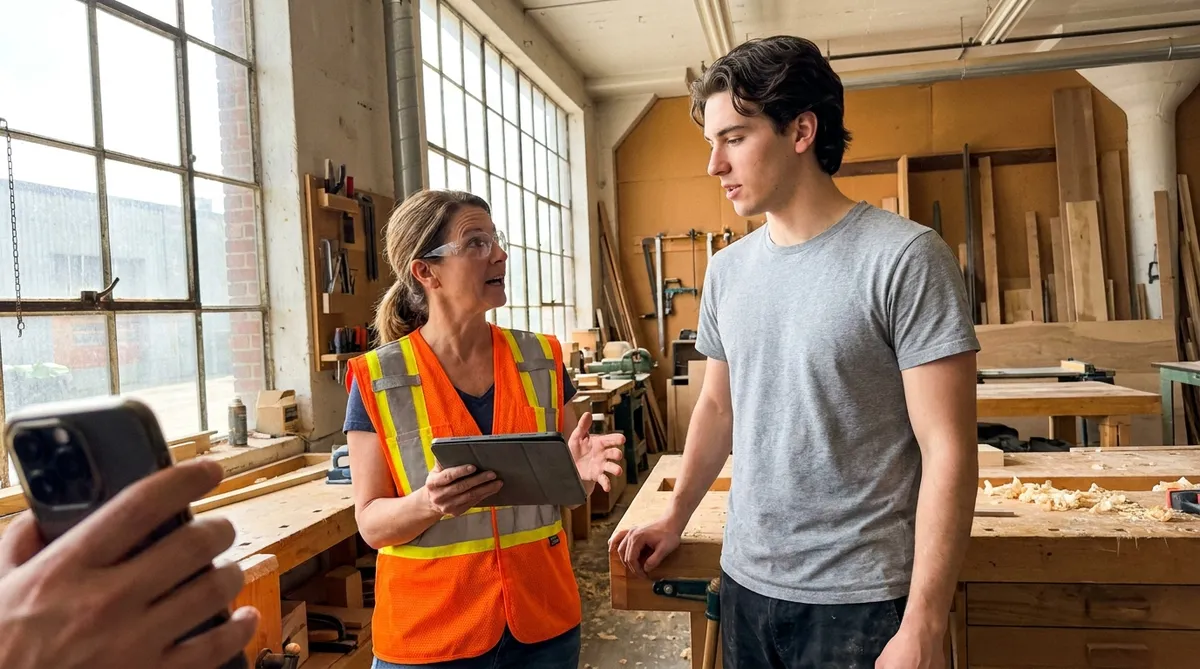 Agent de liaison SST échangeant avec un employé dans un atelier de PME au Québec