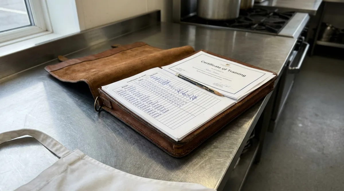 Registre de formation SST rempli à la main dans la cuisine d'une PME québécoise