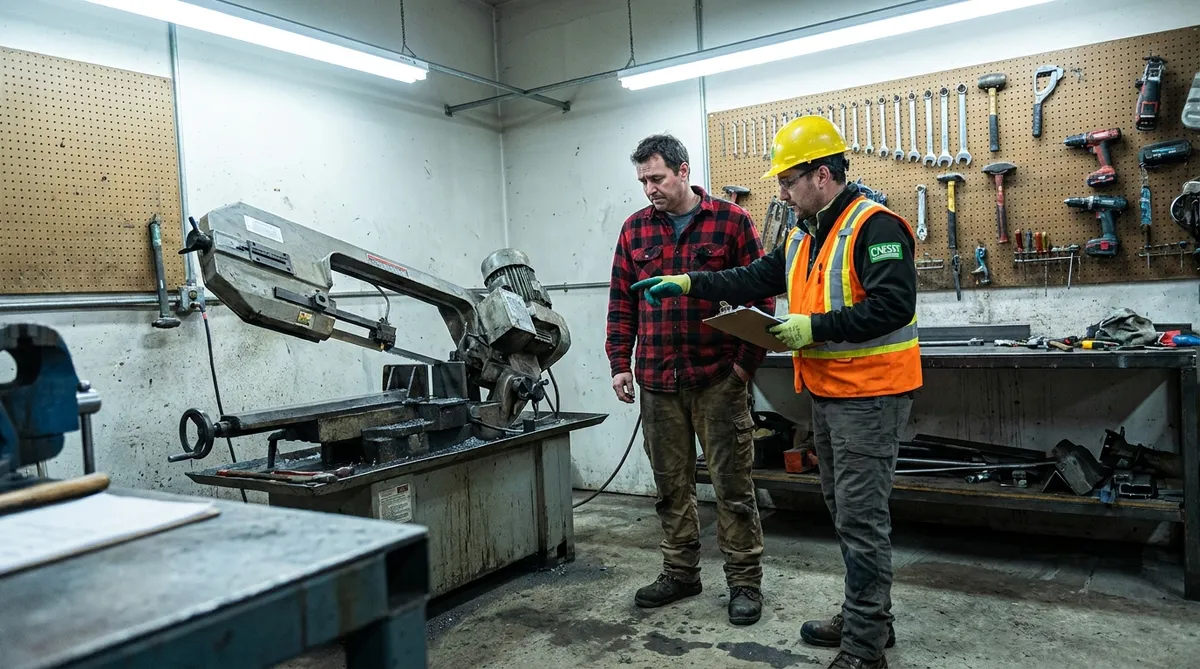 CNESST inspector reviewing a safety violation with a small business owner in a Quebec workshop
