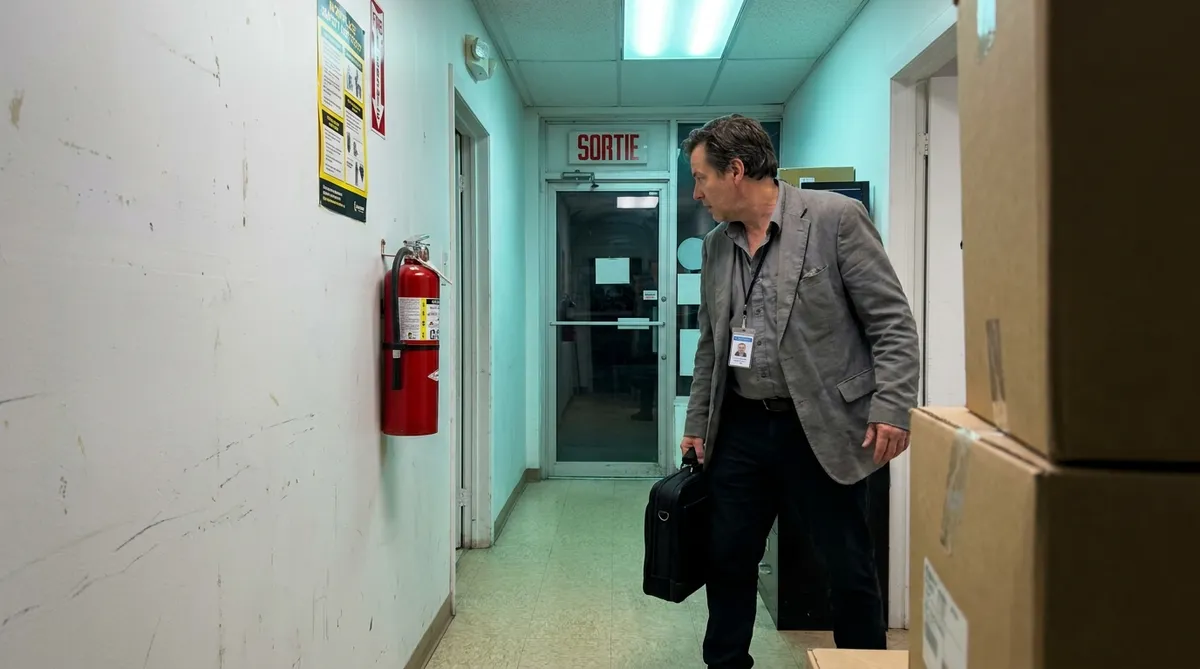 Inspecteur CNESST dans le couloir d'une PME au Québec lors d'une visite d'inspection SST
