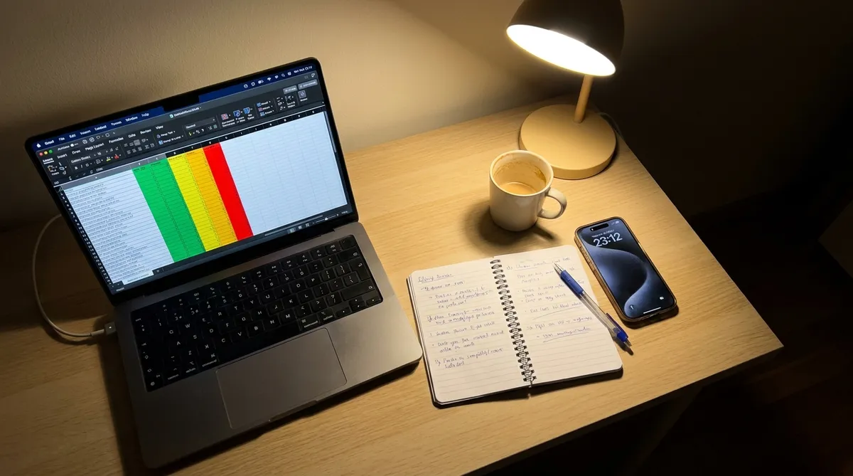 Rédaction tardive d'un plan d'action SST sur ordinateur portable avec notes manuscrites pour préparer une inspection CNESST