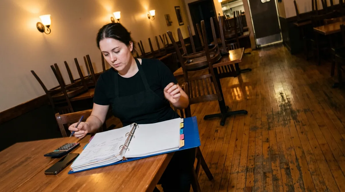 Propriétaire de restaurant au Québec qui prépare sa documentation SST en soirée avant une inspection CNESST