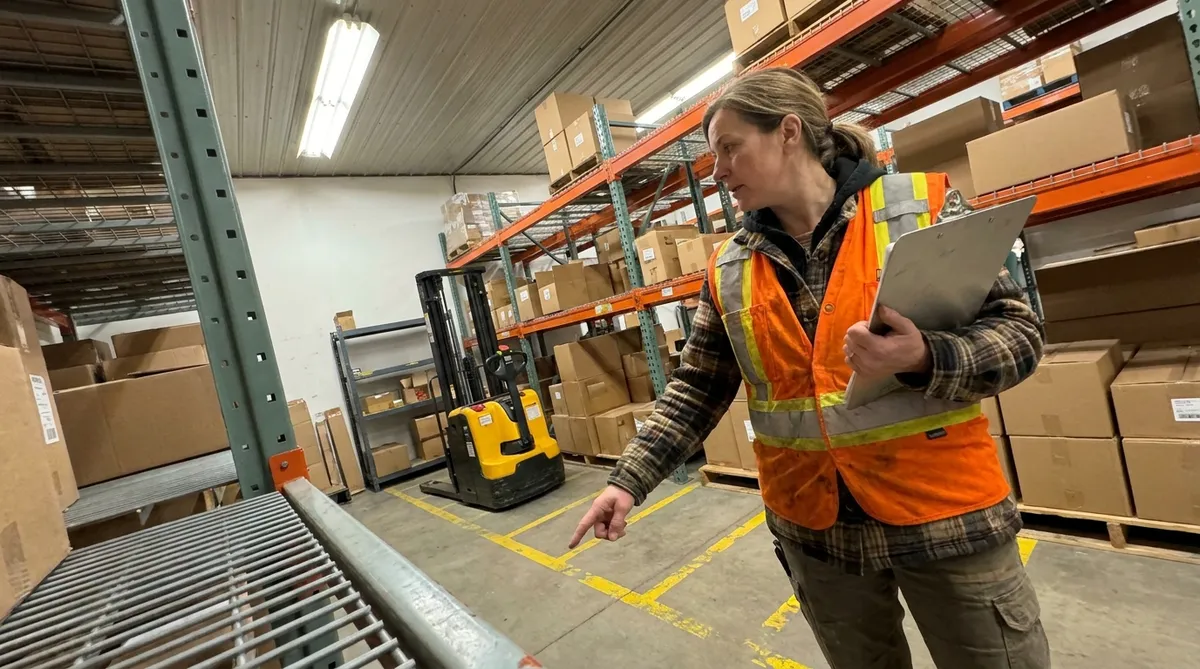 Agente de liaison SST inspectant les allées de circulation dans un entrepôt de PME