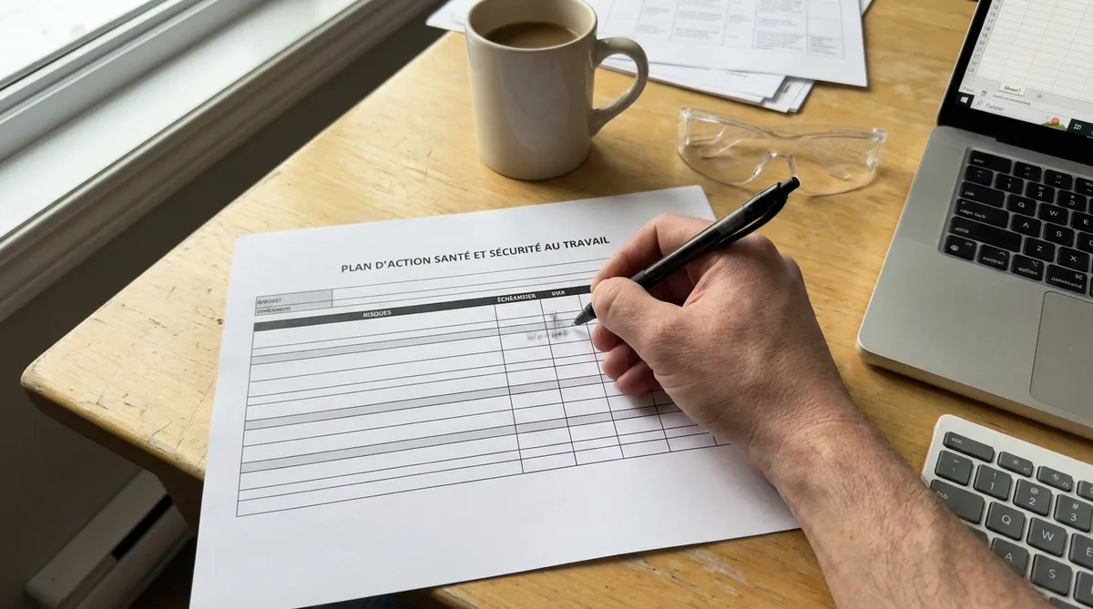 Propriétaire de PME remplissant un modèle de plan d'action SST sur un bureau en bois