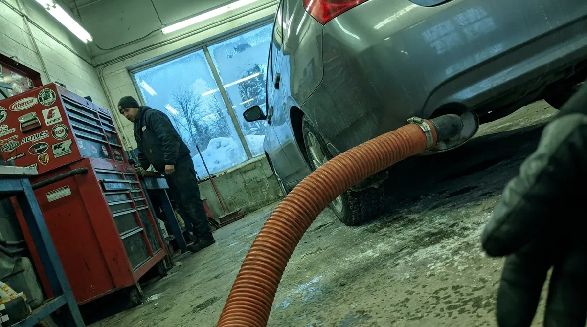Boyau d'extraction raccordé à l'échappement dans un garage québécois, mesure clé du plan d'action SST