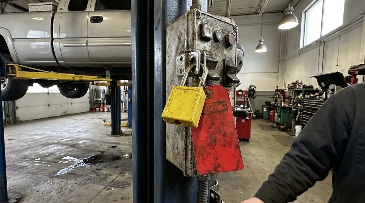 Cadenassage d'un pont élévateur dans un garage, exigence du plan d'action SST au Québec