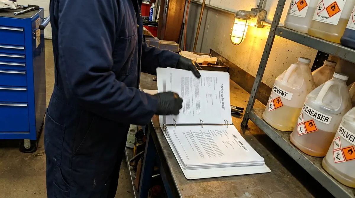 Classeur de fiches SIMDUT et produits étiquetés dans un garage, volet chimique du plan d'action SST