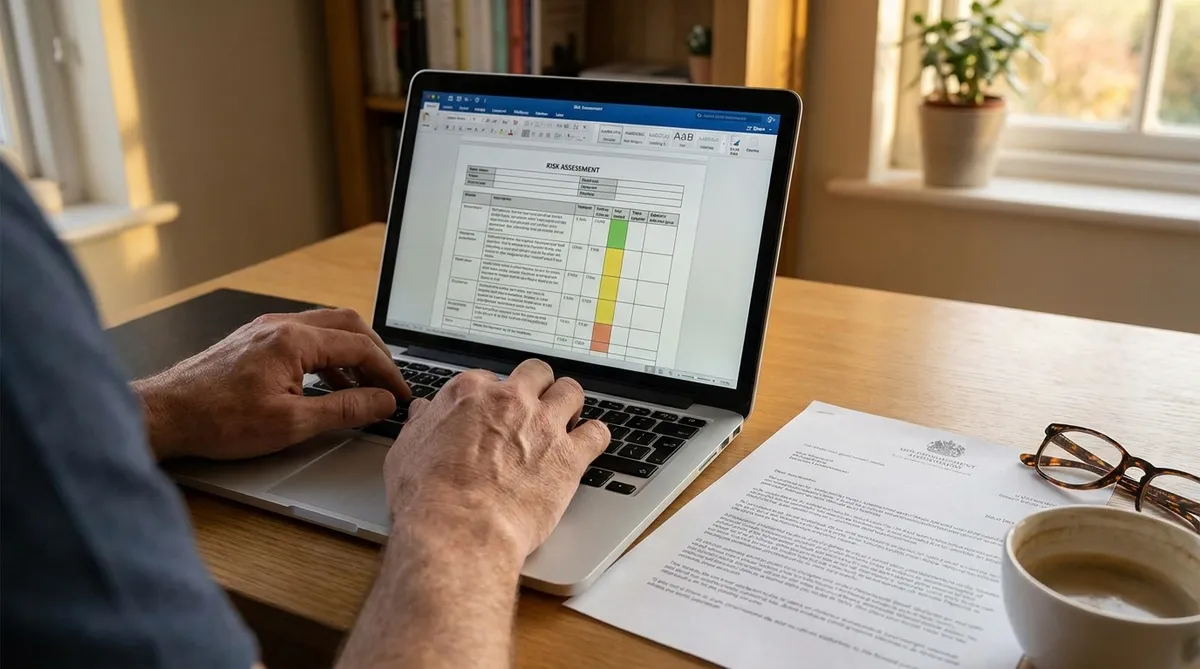 Writing an OHS action plan on a laptop with a CNESST letter on the desk