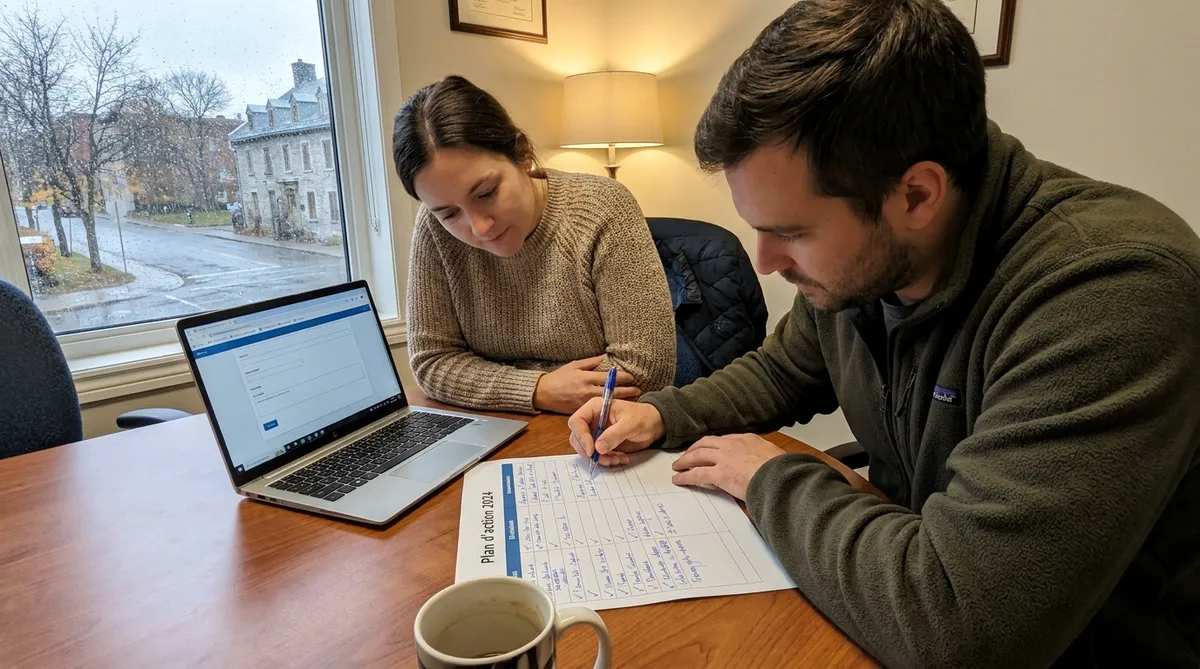 Deux employés annotent un plan d'action SST de bureau au Québec avant l'échéance du 1er octobre 2026